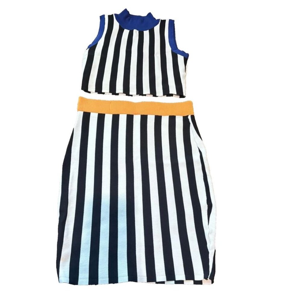 matching two piece set Women Two- Black,Blue & White Stripe top/skirt Set